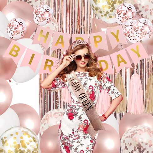 Happy Birthday Party Decorations Kids Girls Birthday Crown Rhinestone Bridal Tiara and Birthday Queen Sash,Happy Birthday Banner Rose Golden Balloons Set Birthday Gifts for Wommen Her-21Pieces in Saudi Arabia