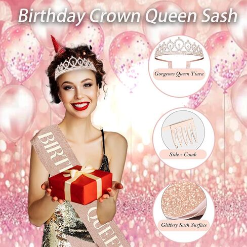 Happy Birthday Party Decorations Kids Girls Birthday Crown Rhinestone Bridal Tiara and Birthday Queen Sash,Happy Birthday Banner Rose Golden Balloons Set Birthday Gifts for Wommen Her-21Pieces in Saudi Arabia