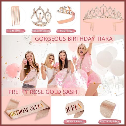 Happy Birthday Party Decorations Kids Girls Birthday Crown Rhinestone Bridal Tiara and Birthday Queen Sash,Happy Birthday Banner Rose Golden Balloons Set Birthday Gifts for Wommen Her-21Pieces in Saudi Arabia