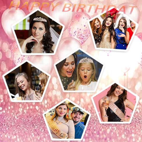 Happy Birthday Party Decorations Kids Girls Birthday Crown Rhinestone Bridal Tiara and Birthday Queen Sash,Happy Birthday Banner Rose Golden Balloons Set Birthday Gifts for Wommen Her-21Pieces in Saudi Arabia