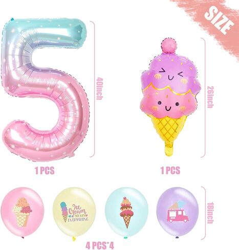Ice Cream 5th Birthday Decorations for Kids, 14 PCS Cute Balloons, 40 IN Number 5 Balloon, Happy Birthday Decoration, Ice-Cream Printed Balloons, Party Decoration Supplies in Saudi Arabia