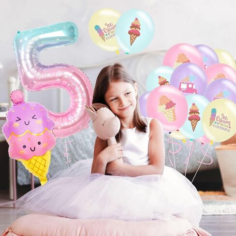 Ice Cream 5th Birthday Decorations for Kids, 14 PCS Cute Balloons, 40 IN Number 5 Balloon, Happy Birthday Decoration, Ice-Cream Printed Balloons, Party Decoration Supplies in Saudi Arabia