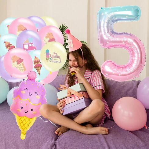 Ice Cream 5th Birthday Decorations for Kids, 14 PCS Cute Balloons, 40 IN Number 5 Balloon, Happy Birthday Decoration, Ice-Cream Printed Balloons, Party Decoration Supplies in Saudi Arabia