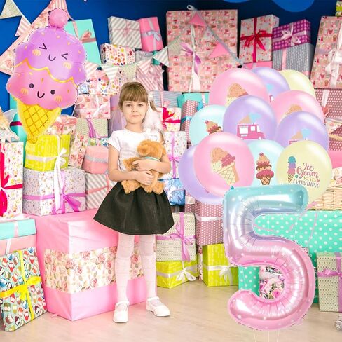 Ice Cream 5th Birthday Decorations for Kids, 14 PCS Cute Balloons, 40 IN Number 5 Balloon, Happy Birthday Decoration, Ice-Cream Printed Balloons, Party Decoration Supplies in Saudi Arabia