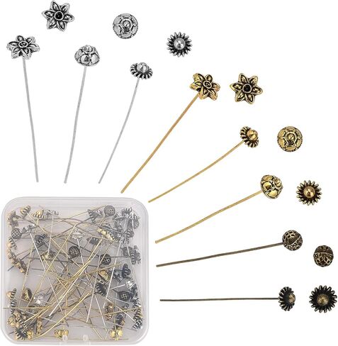 SUNNYCLUE 1 Box 64Pcs 8 Styles 50-54mm Flower Head Pins Antique Tibetan Style Beads Ball Head Pins Brass Jewellery Needles findings for Women Beginners DIY Earring Making Crafts in Saudi Arabia