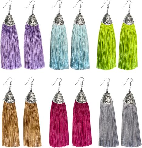 SMALLLOVE 6 أزواج البوهيمي شرابة هامش الأقراط مجموعة للنساء الفتيات خمر الفضة فم السمكة طويلة تتدلى الموضوع بوهو العرقية تتدلى قطرة بيان أقراط مجوهرات in Kuwait