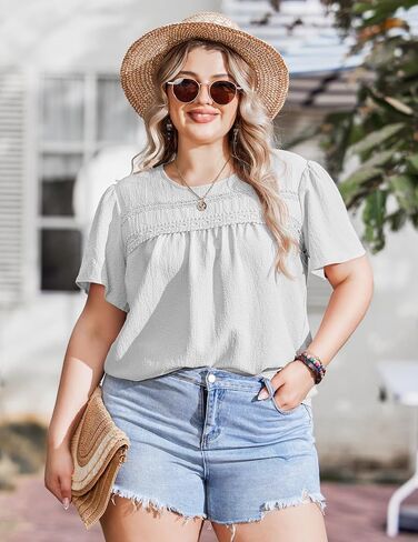 IN'VOLAND Plus Size Womens Summer Tops Crewneck Short Sleeve Shirts Lace Crochet Casual Chiffon Boho Blouses in Saudi Arabia