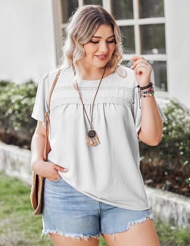 IN'VOLAND Plus Size Womens Summer Tops Crewneck Short Sleeve Shirts Lace Crochet Casual Chiffon Boho Blouses in Saudi Arabia