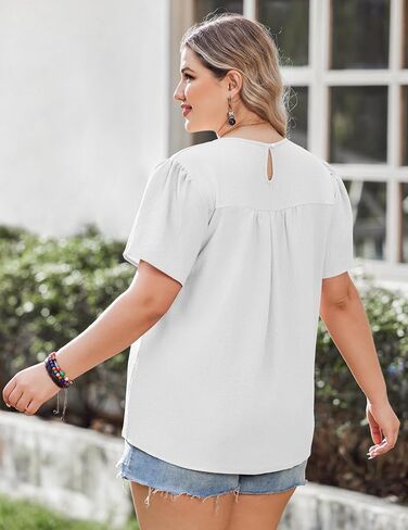 IN'VOLAND Plus Size Womens Summer Tops Crewneck Short Sleeve Shirts Lace Crochet Casual Chiffon Boho Blouses in Saudi Arabia