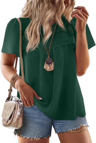 IN'VOLAND Plus Size Womens Summer Tops Crewneck Short Sleeve Shirts Lace Crochet Casual Chiffon Boho Blouses in Saudi Arabia