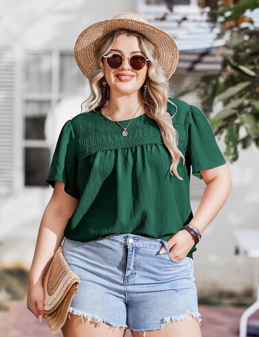 IN'VOLAND Plus Size Womens Summer Tops Crewneck Short Sleeve Shirts Lace Crochet Casual Chiffon Boho Blouses in Saudi Arabia