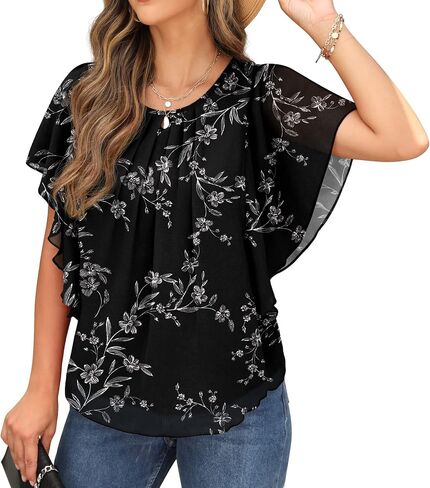 QIXING Summer Casual Loose Round Neck Chiffon Flowy Tops Blouses for Women in Saudi Arabia