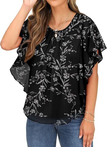 QIXING Summer Casual Loose Round Neck Chiffon Flowy Tops Blouses for Women in Saudi Arabia