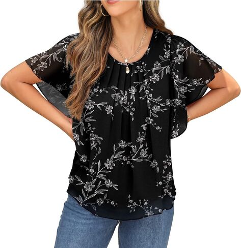 QIXING Summer Casual Loose Round Neck Chiffon Flowy Tops Blouses for Women in Saudi Arabia