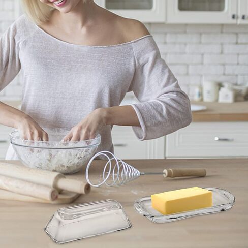 Okllen 2 Pack Glass Butter Dish with Lid, Large Butter Container Classic Butter Holder with Cover, Butter Keeper Saver, BPA Free, Dishwasher Safe, Clear in Saudi Arabia