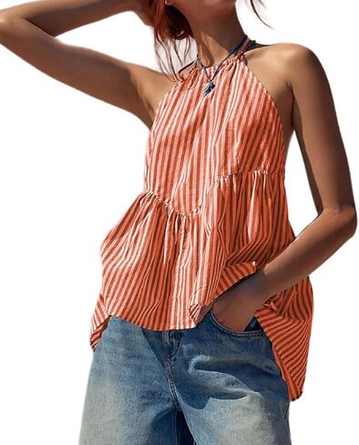 Women Halter Peplum Tank Top Y2k Striped Backless Sleeveless Babydoll Shirt Cute Ruffle Hem Flowy Cami Top in Saudi Arabia