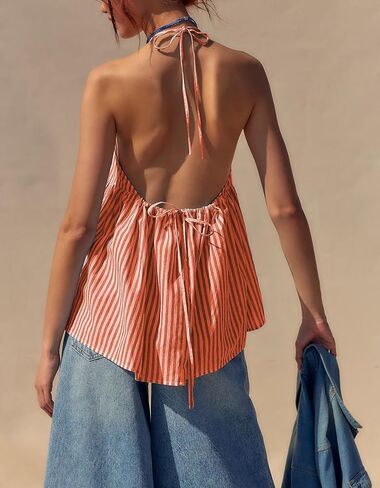 Women Halter Peplum Tank Top Y2k Striped Backless Sleeveless Babydoll Shirt Cute Ruffle Hem Flowy Cami Top in Saudi Arabia
