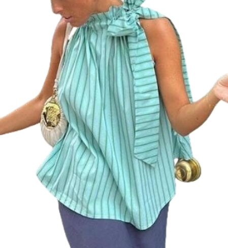 Women Halter Peplum Tank Top Y2k Striped Backless Sleeveless Babydoll Shirt Cute Ruffle Hem Flowy Cami Top in Saudi Arabia