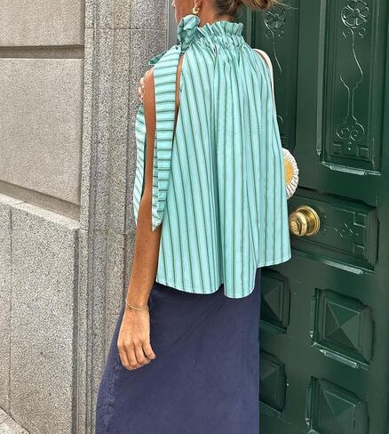 Women Halter Peplum Tank Top Y2k Striped Backless Sleeveless Babydoll Shirt Cute Ruffle Hem Flowy Cami Top in Saudi Arabia