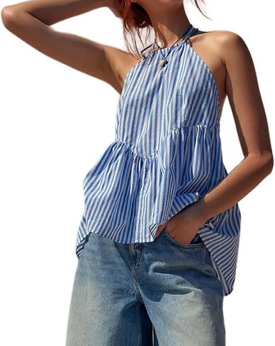 Women Halter Peplum Tank Top Y2k Striped Backless Sleeveless Babydoll Shirt Cute Ruffle Hem Flowy Cami Top in Saudi Arabia