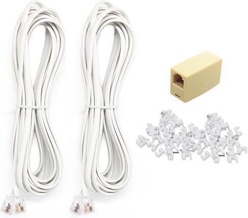 2PCS 10Ft Phone Extension Cord Male to Male Telephone Flat Cord with Standard RJ11 6P4C Plug and 1 in-Line Coupler 50PCS Cable Clamp Holders in Saudi Arabia