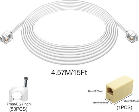 2PCS 10Ft Phone Extension Cord Male to Male Telephone Flat Cord with Standard RJ11 6P4C Plug and 1 in-Line Coupler 50PCS Cable Clamp Holders in Saudi Arabia