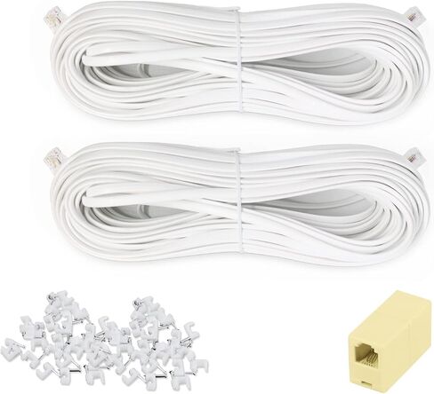 2PCS 10Ft Phone Extension Cord Male to Male Telephone Flat Cord with Standard RJ11 6P4C Plug and 1 in-Line Coupler 50PCS Cable Clamp Holders in Saudi Arabia