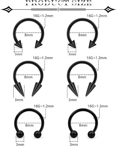6Pcs Septum Rings 16G Surgical Steel Snake Bite Jewelry Long Spike Horseshoe Lip Rings Smiley Piercing Jewelry for Women Men 8mm 10mm in Saudi Arabia