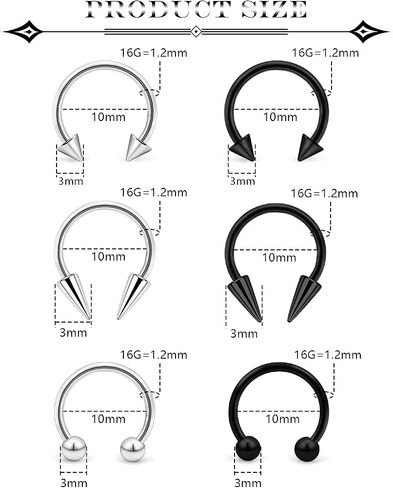 6Pcs Septum Rings 16G Surgical Steel Snake Bite Jewelry Long Spike Horseshoe Lip Rings Smiley Piercing Jewelry for Women Men 8mm 10mm in Saudi Arabia