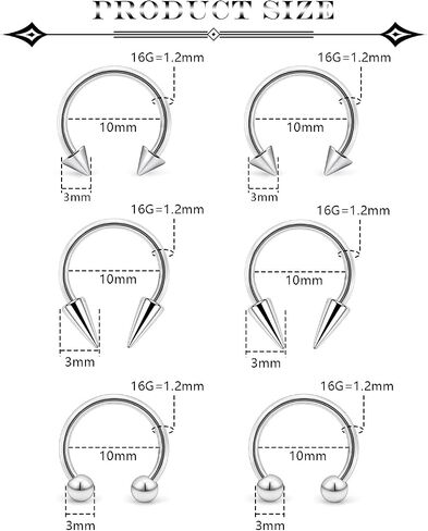 6Pcs Septum Rings 16G Surgical Steel Snake Bite Jewelry Long Spike Horseshoe Lip Rings Smiley Piercing Jewelry for Women Men 8mm 10mm in Saudi Arabia