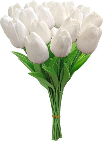 20 قطعة من زهور التيوليب البيضاء الصناعية، باقة زهور وهمية لطاولة المنزل وزهور الزفاف والديكور وعيد الفصح، زهور التوليب 20 قطعة - أبيض in Saudi Arabia