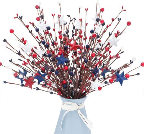 سيقان التوت الاصطناعي الوطنية مقاس 40.64 سم أحمر وأبيض ونجوم زرقاء متنوعة من التوت المختار لزينة عيد الاستقلال في الرابع من يوليو، قطع مركزية لترتيب العطلات، حزمة من 4 (4) in Kuwait