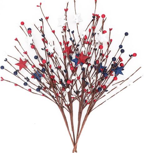 سيقان التوت الاصطناعي الوطنية مقاس 40.64 سم أحمر وأبيض ونجوم زرقاء متنوعة من التوت المختار لزينة عيد الاستقلال في الرابع من يوليو، قطع مركزية لترتيب العطلات، حزمة من 4 (4) in Kuwait