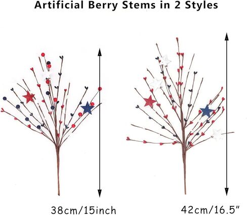سيقان التوت الاصطناعي الوطنية مقاس 40.64 سم أحمر وأبيض ونجوم زرقاء متنوعة من التوت المختار لزينة عيد الاستقلال في الرابع من يوليو، قطع مركزية لترتيب العطلات، حزمة من 4 (4) in Kuwait