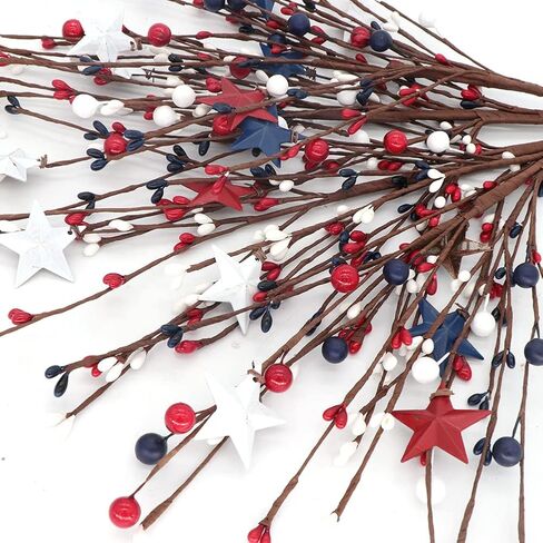 سيقان التوت الاصطناعي الوطنية مقاس 40.64 سم أحمر وأبيض ونجوم زرقاء متنوعة من التوت المختار لزينة عيد الاستقلال في الرابع من يوليو، قطع مركزية لترتيب العطلات، حزمة من 4 (4) in Kuwait