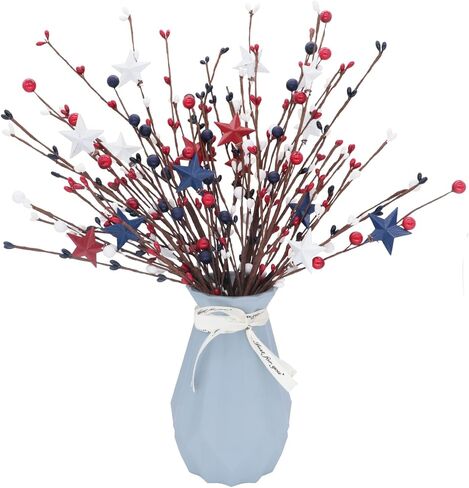 سيقان التوت الاصطناعي الوطنية مقاس 40.64 سم أحمر وأبيض ونجوم زرقاء متنوعة من التوت المختار لزينة عيد الاستقلال في الرابع من يوليو، قطع مركزية لترتيب العطلات، حزمة من 4 (4) in Kuwait