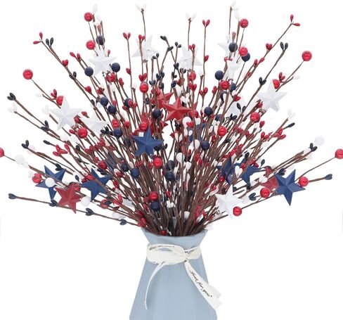 سيقان التوت الاصطناعي الوطنية مقاس 40.64 سم أحمر وأبيض ونجوم زرقاء متنوعة من التوت المختار لزينة عيد الاستقلال في الرابع من يوليو، قطع مركزية لترتيب العطلات، حزمة من 4 (4) in Kuwait