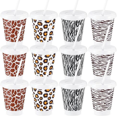 12 Pcs Safari Party Cups Plastic Jungle Party Supplies 16 oz Animal Cups with Lids and Straws Reusable Cups Plastic Cups for Animal Party Summer Birthday Party Favor in Saudi Arabia