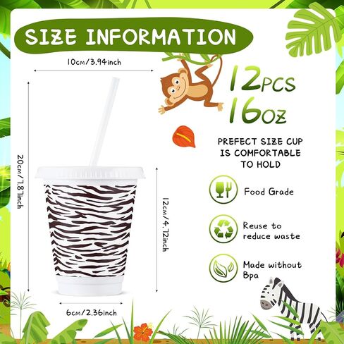 12 Pcs Safari Party Cups Plastic Jungle Party Supplies 16 oz Animal Cups with Lids and Straws Reusable Cups Plastic Cups for Animal Party Summer Birthday Party Favor in Saudi Arabia