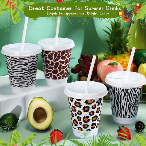 12 Pcs Safari Party Cups Plastic Jungle Party Supplies 16 oz Animal Cups with Lids and Straws Reusable Cups Plastic Cups for Animal Party Summer Birthday Party Favor in Saudi Arabia