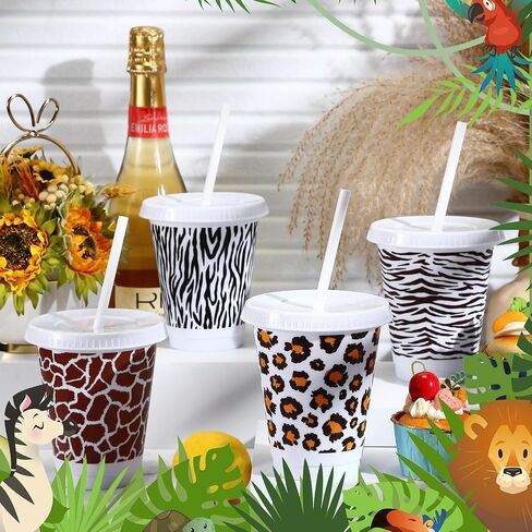 12 Pcs Safari Party Cups Plastic Jungle Party Supplies 16 oz Animal Cups with Lids and Straws Reusable Cups Plastic Cups for Animal Party Summer Birthday Party Favor in Saudi Arabia