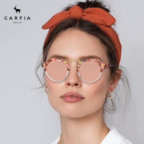 CARFIA Small Acetate Pink Mirrored Polarized Sunglasses for Women UV Protection, Double Bridge Eyewear Metal Brow Sunnies in Saudi Arabia