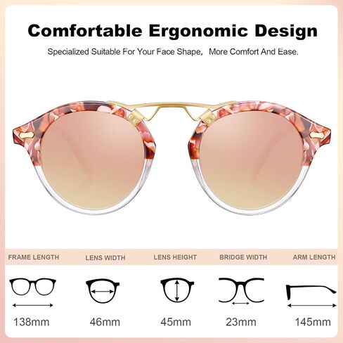 CARFIA Small Acetate Pink Mirrored Polarized Sunglasses for Women UV Protection, Double Bridge Eyewear Metal Brow Sunnies in Saudi Arabia