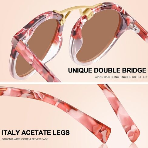 CARFIA Small Acetate Pink Mirrored Polarized Sunglasses for Women UV Protection, Double Bridge Eyewear Metal Brow Sunnies in Saudi Arabia