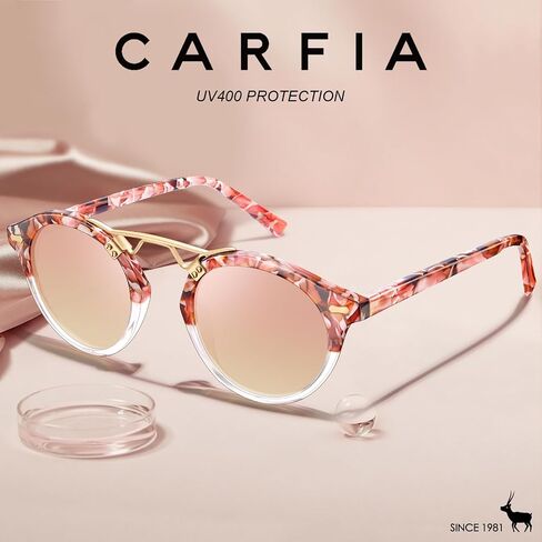 CARFIA Small Acetate Pink Mirrored Polarized Sunglasses for Women UV Protection, Double Bridge Eyewear Metal Brow Sunnies in Saudi Arabia