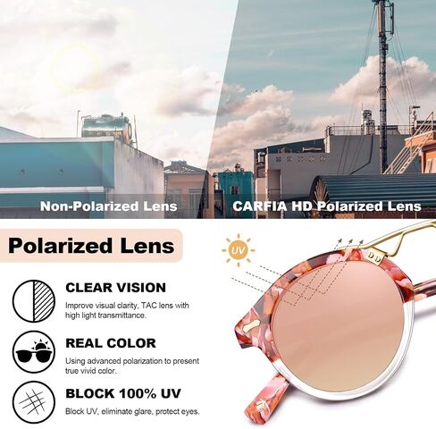 CARFIA Small Acetate Pink Mirrored Polarized Sunglasses for Women UV Protection, Double Bridge Eyewear Metal Brow Sunnies in Saudi Arabia