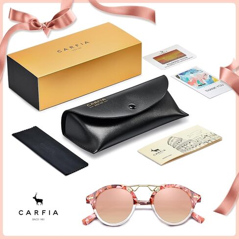 CARFIA Small Acetate Pink Mirrored Polarized Sunglasses for Women UV Protection, Double Bridge Eyewear Metal Brow Sunnies in Saudi Arabia