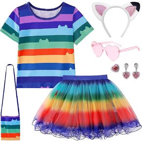 Cat Dollhouse Rainbow Tutu Dress for Girls, Birthday Outfit Set Costumes with Headband and Bag Halloween Party