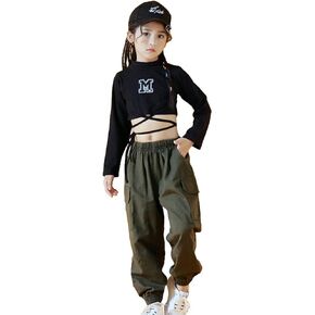 LOLANTA Girls Clothing Sets Jazz Dance Outfits Long Sleeve Crop Tops Cargo Hip Hop Pants Sets