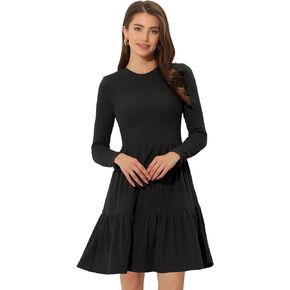Allegra K Women's Ribbed Knit Crewneck Long Sleeves Tiered Fit and Flare Sweater Dress